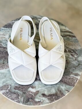 Prada White Quilted Slingback Sandals